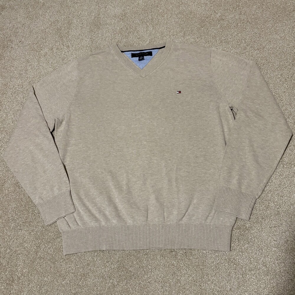 Tommy Hilfiger Mens 100% Cotton Pullover Sweater Sweatshirt VNeck Beige Tan Sz L